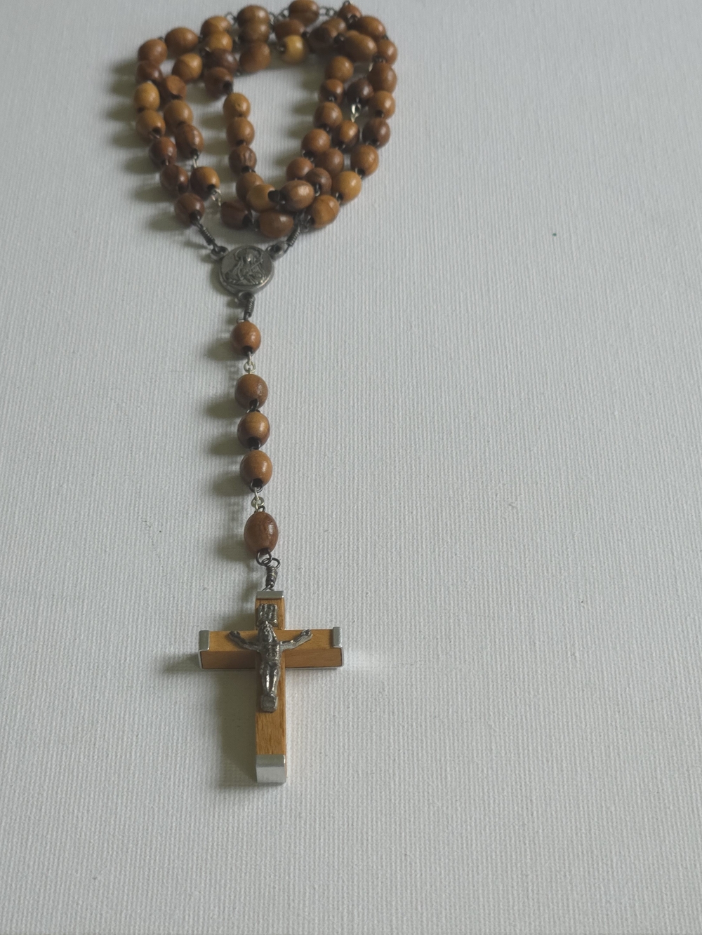 Vintage Jerusalem Olive Wood Rosary Catholic Beads Virgin Mary Silver Crucifix
